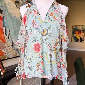 Alice + Olivia Floral Cold Shoulder Blouse - Light Blue and Multicolor